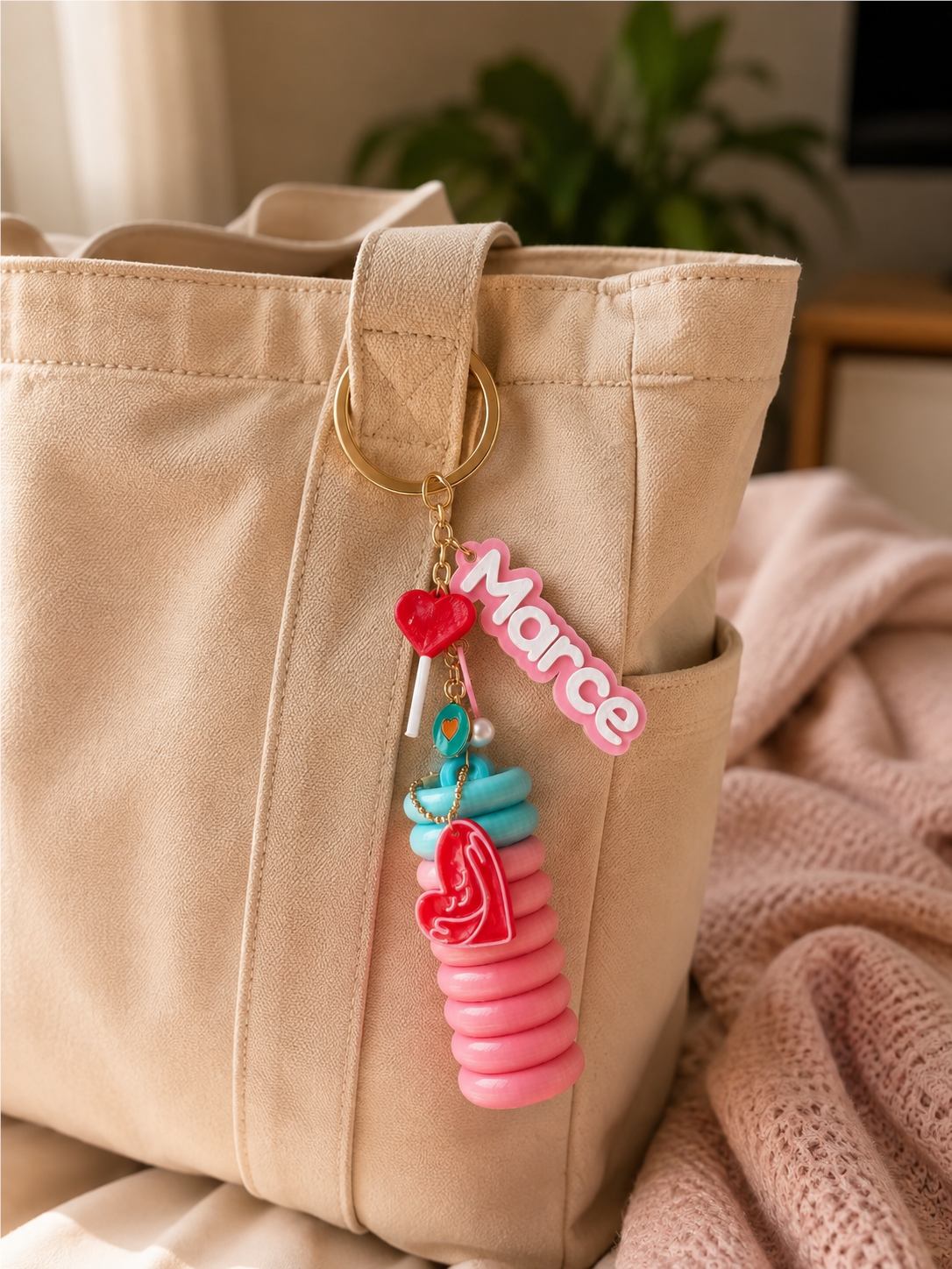 Llavero colorido personalizado colgado en un bolso